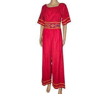1990s Embroidered Red Katz Culotte Short Sleeve Romper Long Back Zipper Size Sm